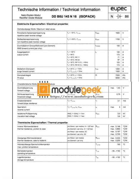 Module électronique Infineon/EUPEC DDB6U145N16L - Neuf, Qualité Assurée, Fabriqué En Chine, Pour Applications De Puissance Et Contrôle