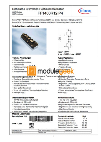 1Pcs Power Supply Module Infineon Ff1400R12Ip4 New 100% Best Price And Quality Assurance Module