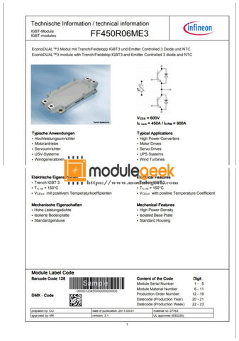 1Pcs Power Supply Module Infineon Ff450R06Me3 New 100% Best Price And Quality Assurance Module