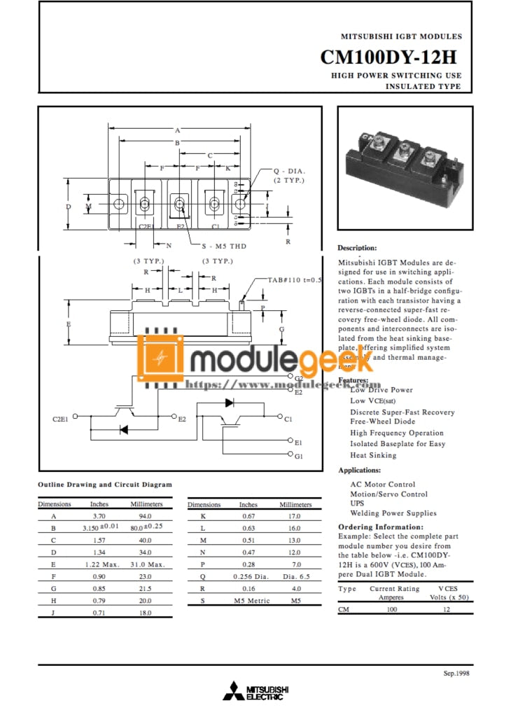 Chips Gate CM100DY-12H IGBT Module - 1PC, New Open Box (CM100DY12H)