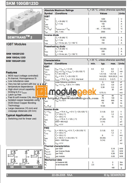 Modulo Alimentatore SEMIKRON SKM100GB123D - Nuovo, Garanzia Qualità