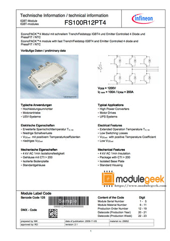 1PCS INFINEON FS100R12PT4 POWER SUPPLY MODULE NEW 100% Best price and quality assurance