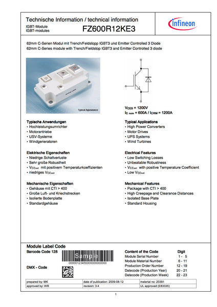 NEW Eupec FZ600R12KE3 Module Supply