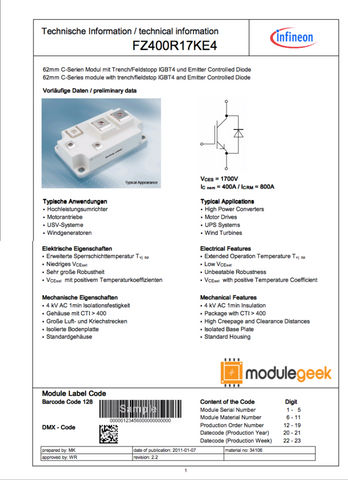 1Pcs Power Supply Module Infineon Fz400R17Ke4 New 100% Best Price And Quality Assurance Module