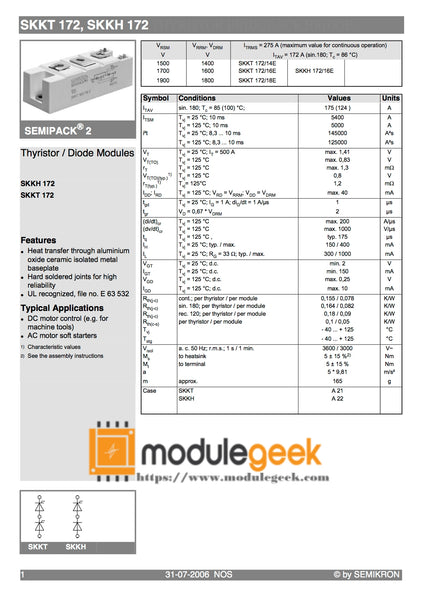 SEMIKRON SKKT172/16E Thyristor Module | SKKT172-16E, New, 100% Quality