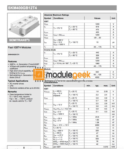 Power Supply Module Semikron Skm400Gb12T4 New 100% Best Price And Quality Assurance Module
